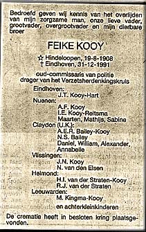 overlijdensadvertentie Feike Kooy
